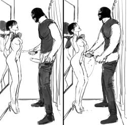 black_hair breasts brunette carl_(artist) cum erect_nipples erect_penis guro high_heels knife murder pubic_hair stabbing