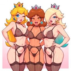 2d 3girls ahe_gao ahegao_face ai_assisted ai_generated amber_eyes belly belly_button big_ass big_breasts blonde-haired_female blonde_female blonde_hair blue_eyes blue_hair blush bra brown_hair choker crown dark-skinned_female dark_skin dyed_hair earrings eyelashes female female_focus female_only garter_belt garter_straps hourglass_figure hourglass_figured_female light-skinned_female light_skin lingerie lingerie_only lipstick long_hair mario_(series) nipples nipples_visible_through_clothing princess princess_daisy princess_peach princess_rosalina saliva saliva_drip saliva_string saliva_trail seductive seductive_look seductive_pose short_hair stockings super_mario_bros. sweat sweatdrop thick_ass thick_thighs tongue tongue_out ultimate_waifu_project wavy_hair wink winking winking_at_viewer