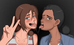 2girls after_kiss black_hair brown_eyes brown_hair chocolate_and_vanilla dark-skinned_female dark_skin ellie_(the_last_of_us) ellie_williams female female_only freako freckles gesture interracial light-skinned_female looking_at_viewer one_eye_closed open_mouth riley_abel saliva saliva_string saliva_trail scar teal_eyes the_last_of_us tongue_out v wink yuri