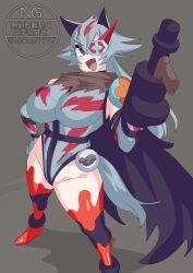 kamen_rider kamen_rider_zeztz_(series) tokusatsu otokam1117 wolf_ears wolf_girl blush leotard tail thighs socks long_socks gloves heels monster_girl breasts gun tagme