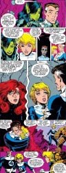 1990 1990s alien_girl arthur_adams ben_grimm canonical_scene cuckquean de'lila fantastic_four green_skin husband_and_wife invisible_woman jealous_female kissing marvel marvel_comics mary_jane_watson mr_fantastic official_art pointy_ears reed_richards shapeshifter skrull sue_richards sue_storm