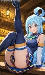 1girls ai_generated ai_slop aqua_(konosuba) blue_hair bottles convenient_censoring detached_sleeves exposed_thighs female folded_ponytail foot_up konosuba legs licking_lips light-skinned_female light_blue_hair light_skin sitting sitting_on_counter skirt solo tavern thighhigh_boots thighhighs thighs upskirt zettai_ryouiki