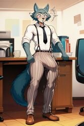 ai_generated beastars big_bulge boner boner_in_pants boner_in_underwear boner_under_clothes bulge bulge_through_clothing cocky69 grey_eyes grey_fur legoshi_(beastars) male male_only male_wolf office overalls shirt shoes surprised surprised_expression wolf