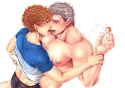 2boys age_difference artist_name bangs bara beard beefy big_areola blush broad_shoulders candy clothes_lift collarbone daddy dilf drooling duo eyelashes french_kiss gay goatee grabbing grabbing_wrists half-closed_eyes hi_res hunk light_skin lollipop looking_at_another lying lying_on_back lying_on_bed lying_on_person lying_on_stomach male male_only manly mature_male muscles muscular muscular_arms muscular_back muscular_male muscular_neck narrowed_eyes no_body_hair no_visible_genitalia oppai orange_hair original original_character pecs practically_nude saliva saliva_trail short_hair silver_hair size_difference slicked_back_hair sweat sweatdrop thick tongue_kiss tongue_out topless tough_guy white_background yaoi yomotsuki_road