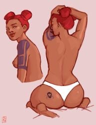 1girls afro_puffs apex_legends ass big_ass breasts chocolate_girl dark-skinned_female dark_skin ebony ebony_female female lifeline_(apex_legends) nipples panties red_hair small_breasts solo spicynoon