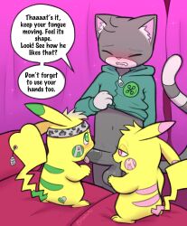 absurd_res anthro ass balls blush bodily_fluids bottomless bottomless_male bottomwear butt_tattoo buttons_(milachu92) closed_eyes clothed clothing dialogue domestic_cat eyeshadow felid feline felis fellatio female feral generation_1_pokemon genitals green_eyes group group_sex hi_res interspecies makeup male mammal milachu milachu92 nintendo oral penile penis piercing pikachu pink_eyes pokemon pokemon_(species) pokephilia saliva sex sex_education size_difference skirt tattoo teaching threesome tongue