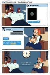 ass big_breasts boobs_bigger_than_head bra_outline bralines breasts brookie_(elpiromanias) elpiromanias fat_ass ginger ginger_hair glasses hips indian_female librarian library nerd nerdy_female oc office_lady original original_character peaches_(elpiromanias) relaxing shortstack sitting small_breasts text texting wide_hips