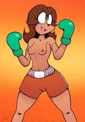 1girls boobs_out box boxer_briefs boxers boxing boxing_gloves boxing_shorts breasts brown_hair cannonbaboon daisy fanart female female_boxer female_only fighter girl green_boxing_gloves green_eyes green_gloves mario_(series) nintendo nipples orange_shorts princess princess_daisy shorts shoulder_length_hair solo super_mario_bros. tan topless topless_boxing