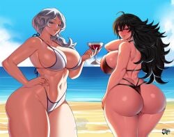 2girls ass ass_focus beach big_ass big_breasts bikini black_hair blue_eyes breasts bubble_butt cleavage duo female female_only huge_ass huge_breasts jadenkaiba light-skinned_female long_hair milf multiple_girls raven_branwen red_eyes rwby seaside voluptuous white_hair willow_schnee