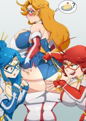 3girls ass blonde_hair blue_eyes blue_hair breasts cake charlotte_vanders earrings food kamen_america kamen_america_(character) kamen_comet kamen_ramen light-skinned_female light_skin loftysundew long_hair red_hair slice_of_cake thighs thought_bubble