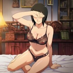 1girls accurate_art_style ai_generated anime_style bangs bare_legs bare_shoulders barefoot big_breasts black_eyes black_hair black_lingerie blush boruto:_naruto_next_generations bra breasts covering covering_eyes covering_face covering_self curvaceous curvy curvy_body curvy_female curvy_figure embarrassed feet female female_only front_view full_body indoors large_breasts light-skinned_female light_skin lingerie lipstick long_hair looking_at_viewer makeup naruto naruto:_the_last naruto_(classic) naruto_(series) naruto_shippuden nipple_slip nipples panties revealing_naked shizune shy solo thick_thighs thighs uncensored underwear