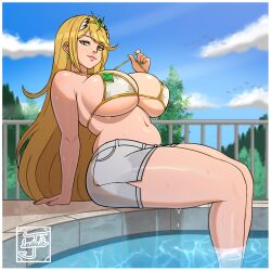 belly belly_button big_breasts bikini_pull bikini_top blonde_female blonde_hair boobs breasts clothed curvy curvy_female curvy_figure huge_breasts jayladair large_breasts lips looking_at_viewer mythra pool poolside shorts teasing teasing_viewer thick thick_thighs thighs tits wet wet_body wet_skin xenoblade_(series) xenoblade_chronicles_2