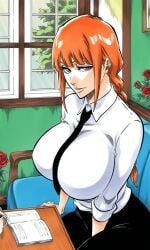 1girls ai_generated big_breasts braid braided_hair cafe chainsaw_man clothing cursed21miko curvy curvy_female curvy_figure date female female_only huge_breasts kyoru189 light-skinned_female light_skin looking_at_viewer makima_(chainsaw_man) mature_female pants red_hair ringed_eyes shirt solo solo_female tie tite_kubo_style yellow_eyes