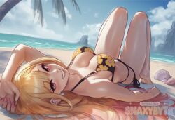 1girls ai_assisted ai_generated bangs barefoot beach beach_umbrella bikini black_bikini blonde_hair blush breasts cleavage cloud day earrings female female_only grin jewelry kitagawa_marin knees_up leopard_print long_hair looking_at_viewer lying my_dress_up_darling ocean on_back outdoors print side-tie_bikini sky smile snaxybyte solo sono_bisque_doll_wa_koi_wo_suru swimsuit water
