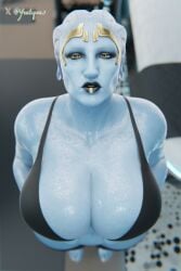 3d alien_girl asari assa_yere black_lipstick bottomless bra female female_only golden_accessories huge_breasts looking_at_viewer solo thick_female yeetiques yellow_eyes