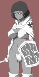 adapted_costume angry breasts capelet cleavage clenched_teeth covered_erect_nipples disgust dragon's_dogma female gauntlets helmet_(touhu812) highleg highleg_panties highres holding holding_shield holding_sword holding_weapon large_breasts legs_apart looking_at_viewer mercedes_marten navel o-ring o-ring_bottom o-ring_panties panties rapier red_background shield short_hair simple_background solo standing sword teeth underwear weapon