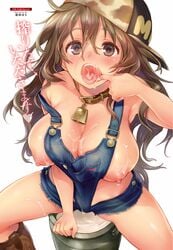 bell bell_collar blush boots breasts brown_eyes brown_hair bucket collar cum cum_in_mouth cum_on_body cum_on_breasts cum_on_upper_body facial female hat heart highres kaida_bola knee_boots large_breasts long_hair looking_at_viewer mouth_pull nipples open_mouth overalls short_shorts shorts sideways_hat simple_background sitting solo tongue tongue_out white_background