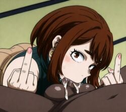adultery age_difference ai_generated balls_deep balls_deep_fellatio blowjob blowjob_face boku_no_hero_academia cheating cuckold cuckolding cum cum_in_mouth dark-skinned_male dark_skin deepthroat face_fucking fellatio flipping_off interracial kizuru large_balls large_testicles messy middle_finger ntr ochako_uraraka testicles time_skip uraraka_ochako
