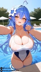 ahoge ai_generated blue_hair blush cleavage covered_nipples elf_ears flower_hair_ornament gumi_arts hair_ornament heart_ahoge hololive hololive_japan in_water large_breasts long_hair looking_at_viewer one-piece_swimsuit open_mouth pool see-through selfie smile stable_diffusion thick_thighs virtual_youtuber water wet yellow_eyes yukihana_lamy