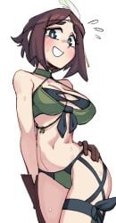 1girls 2d alternate_costume bikini blush blushing breasts brown_eyes brown_hair cleavage cragscleft feather_in_hair feathers female female_only fire_emblem fire_emblem_awakening fire_emblem_heroes gloves green_bikini green_eyes green_swimsuit hand_on_hip headband hips large_breasts light-skinned_female light_skin midriff navel nervous nintendo noire_(fire_emblem) noire_(summer)_(fire_emblem) official_alternate_costume pinup pose posing simple_background slight_blush smile solid_color_background solo standing sweat swimsuit white_background