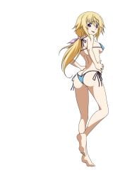 1girls ass barefoot big_ass big_breasts bikini blonde_hair blue_bikini breasts busty butt_crack charlotte_dunois covered_erect_nipples fat_ass feet hair_ribbon hands_on_hips highres huge_ass infinite_stratos kuroda_ariake large_breasts legs looking_at_viewer looking_back low_ponytail open_mouth pose posing purple_eyes ribbon sensual sideboob smile solo swimsuit thighs thong_bikini voluptuous