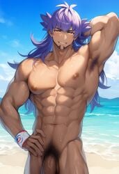1boy abs ai_generated ai_golden_map armpit_hair armpits beach flaccid large_penis leon_(pokemon) male_focus male_only muscular muscular_male naked naked_male nipples novelai outdoors pecs pokemon pokemon_ss purple_hair smiling soft_penis tagme v-line yellow_eyes