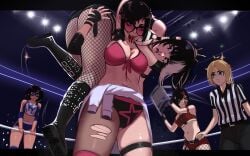 ass ass_up attack belly_button blonde_female blonde_hair blood catfight chair dark_hair dark_skin dat_ass fishnets goth goth_girl lift_and_carry lifted_by_another lifting_person pale-skinned_female pale_skin pink_bra pink_glasses thick_ass thick_thighs thighs veyonis wrestling wrestling_mask wrestling_outfit wrestling_ring wrestlingryona