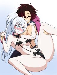 2girls blue_eyes cleavage female female_only kmkz-art multiple_girls red_hair revealing_clothes ruby_rose rwby skimpy_clothes weiss_schnee white_hair yuri