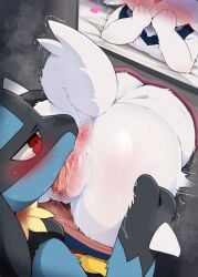 1boy anus ass blush body_fur cinderace cleft_of_venus cunnilingus dagasi female from_behind furry furry_female furry_male furry_with_furry highres licking lucario male oral pokemon pokemon_(creature) pussy quality red_eyes saliva screen straight tail through_wall tongue tongue_out uncensored white_fur