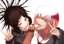 2girls after_fellatio blush brown_hair censored cum_in_mouth cum_on_face ikecchi_(hayato_moon) jujutsu_kaisen male open_mouth penis tongue_out uraume v yorozu_(jujutsu_kaisen)