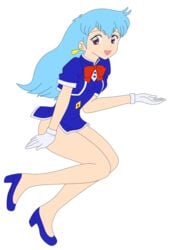 absurdres aqua_hair breasts female female hat highres hips legs legs_crossed long_hair miniskirt no_panties photoshop purple_eyes short_dress simple_background smile solo stewardess tenjouin_katsura thighs vector_trace yat_anshin_uchuu_ryokou