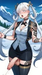 1futa ahe_gao ai_generated cum dickgirl ejaculation futanari jinhsi_(wuthering_waves) pencil_skirt penis slitless_pencil_skirt tattoo testicles tight_pencil_skirt twintails white_shirt wuthering_waves yuuki_snow