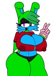 big_ass big_breasts big_thighs blue_fur bunny fennel_(verdosho) furry green_skin nipples oc original_character peace_sign pink_gloves purple_eyes red_shirt shirt thong verdoshonsfw