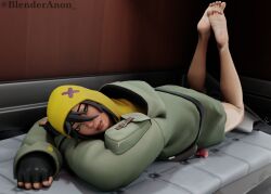 1girls barefoot blair_(fortnite) blender blenderanon_ feet female fortnite fortnite:_battle_royale hoodie jacket laying_down laying_on_bed soles toes