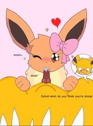 blowjob_face brown_body brown_eyes brown_fur eevee eeveelution eeveelution_squad generation_1_pokemon jolteon sigma_rizz silvia_(eeveelution_squad) speed_(eeveelution_squad) yellow_body yellow_fur