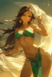 ai_generated aladdin brown_body disney female_focus green_eyes harem_girl harem_outfit hourglass_figure jewelry junichoon princess princess_jasmine slave_outfit solo_focus wide_hips