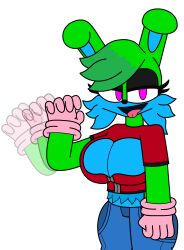 big_breasts big_thighs blue_fur fennel_(verdosho) furry gesture green_skin horny oc original_character pink_gloves purple_eyes rabbit red_shirt sexually_suggestive shirt short tongue_out verdoshonsfw