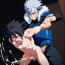 abs age_difference ai_generated black_hair blush clothed_male_nude_male cum drooling ejaculation ejaculation_while_penetrated erect_nipples fucked_silly grabbing_another&#039;s_arm kirisword male_penetrating muscular_male naruto_(series) naruto_shippuden penetration pointless_censoring questionable_consent red_eyes sasuke_uchiha senju_tobirama sex_from_behind sharingan six_pack spiked_hair standing_doggy_style standing_sex sweat white_hair yaoi