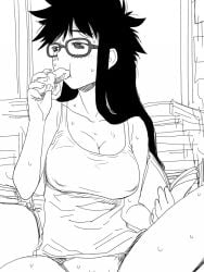 00s blush breasts cleavage commentary_request eating eating_food female glasses greyscale holding indoors large_breasts long_hair medium_breasts monochrome nipples nipples_visible_through_clothing parted_lips read_or_die sakaki_imasato sketch solo sweat sweating yomiko_readman