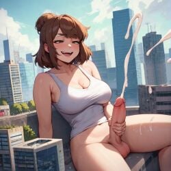 1futa ai_generated big_penis brown_hair city cum cum_on_body cumming cumshot ejaculation erect_penis erection futa_giantess futa_only futanari giant_cock giantess huge_cumshot masturbating masturbation mostly_nude penis short_hair smug solo spalela tank_top