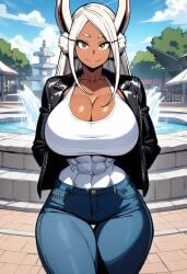 abs ai_generated animal_ears big_breasts black_jacket boku_no_hero_academia breasts cleavage collarbone dark-skinned_female dark_skin denim denim_bottomwear denim_clothing exposed_shoulders female fountain high_resolution highres huge_breasts jacket jacket_open jeans kemonogirls large_breasts leather_clothing leather_jacket long_hair looking_at_viewer mature_female midriff milf mirko miruko muscle_girl muscle_mommy muscles muscular muscular_female my_hero_academia open_clothes open_jacket red_eyes rumi_usagiyama shirt shonen_jump smile tight_clothing white white_hair white_shirt