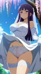 ai_assisted ai_generated angry annoyed annoyed_expression blush bridal_garter bride fern_(sousou_no_frieren) puffy_cheeks purple_hair sousou_no_frieren underwear wedding_dress wedding_ring wedding_veil white_dress white_underwear wide_thighs