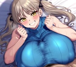 1boy 1girls ai_generated big_breasts blue_archive breasts brown_hair chubby deepjungle female female_focus hairy_pussy huge_breasts large_breasts light-skinned_female moe_(blue_archive) paizuri paizuri_under_clothes smiling straddling_paizuri thick_thighs thighs yellow_eyes