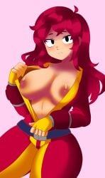 1girls belt belt_buckle big_breasts black_pupils blush blush_lines brawl_stars breasts dripping fingerless_gloves huge_breasts imminent_sex inviting_to_sex long_hair looking_at_viewer max_(brawl_stars) messy messy_hair nude_female pink_background red_hair red_suit serious serious_look shiny_breasts shiny_skin showing_breasts showing_off simple_background small_waist solo_female suit sweat sweatdrop taking_clothes_off thick_thighs thighs undressing unzipped unzipped_bodysuit yellow_suit