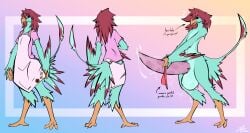 abstract_background absurd_res anthro apron aroused avian balls beak big_balls big_penis bodily_fluids brown_eyes clothing embarrassed english_text erection feathers front_view genital_fluids genitals hair hi_res huge_balls huge_cock hyper hyper_balls hyper_genitalia hyper_penis lodi_(artist) long_hair male model_sheet nevrean nude panties penis pink_clothing pink_shirt pink_topwear portal_panties precum rear_view red_hair shirt solo tail tail_feathers tapering_penis teal_body text thinking_with_portals topwear underwear winged_arms wings