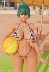 3d alternate_body_type alternate_breast_size american_flag_bikini beach beach_ball beach_umbrella big_breasts bikini brown_eyes green_eyes huge_breasts kiriko_(overwatch) looking_at_viewer micro_bikini murky_mucky overwatch overwatch_2 short_hair tan_body tan_skin tanline thick_ass thick_legs thick_thighs wide_hips