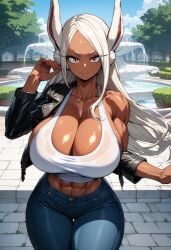 abs ai_generated animal_ears belly big_breasts black_jacket boku_no_hero_academia breasts brown_body brown_eyes brown_skin cleavage clouds collarbone dark-skinned_female dark_skin denim denim_bottomwear denim_clothing female female_focus female_only fountain grass high_resolution highres huge_breasts jacket jacket_open jeans kemonogirls large_breasts leather_clothing leather_jacket long_hair looking_at_viewer mature_female midriff milf mirko miruko muscle_girl muscle_mommy muscles muscular muscular_female my_hero_academia open_clothes open_jacket red_eyes rumi_usagiyama shiny_skin shirt shonen_jump sky smile tank_top tight_clothing tree trees water wet wet_clothes wet_clothing white white_hair white_shirt white_tank_top