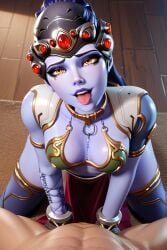 ai_generated headgear kneeling loincloth overwatch patreon pelvic_curtain ponytail purple_skin slave slave_bikini slave_leia_(cosplay) slave_outfit tongue_out widowmaker yellow_eyes