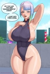 1girl armpits blushing bodysuit cyberpunk:_edgerunners english english_text hi_res highres huge_breasts lucyna_kushinada outdoors short_hair solo_female superbusty thick thick_thighs