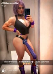 ai_generated dominatrix_female looking_at_viewer muscle_mommy musclemommy muscular purple_hair small_penis_humiliation snapchat strap-on text